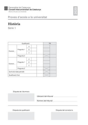 2020 Proves daccés a la universitat Histria Srie 1 Qualificació TR a Pregunta 1 b Exercici  c Pregunta 2 a Pregunta 1 b Exercici  c Pregunta 2 Suma de notes parcials Qualificació final Etiqueta de lalumnea Ubicació del tribunal  Número del tribunal  Etiqueta de qualificació Etiqueta del correctora Escolliu DOS dels quatre exercicis segents i responeu a les preguntes corresponents Exercici 1 Exrcit espanyol nombre de generals caps i oficials 1931 1932 Generals 148 58 Coronels 345 128 Tinents cor…