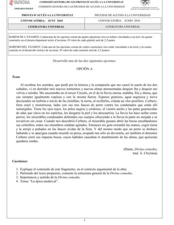 VALENCIANA CONSELLERIA DEDUCACIÓ COMISSIÓ GESTORA DE LES PROVES DACCÉS A LA UNIVERSITAT COMISIÓN GESTORA DE LAS PRUEBAS DE ACCESO A LA UNIVERSIDAD  111  SISTEMA UNIVERSITARI VALENCIÁ SISTE1VIA lJNIVERSITARIO VALENCIANO PROVES DACCÉS A LA UNIVERSITAT CONVOCATRIA JUNY 2010 PRUEBAS DE ACCESO A LA UNIVERSIDAD CONVOCATORIA JUNIO 2010 LITERATURA UNIVERSAL LITERATURA UNIVERSAL BAREM DE LEXAMENCadascunadelesopcionsconstadequatreqestionstresestrobenvinculadesauntextilaquarta consisteixeneldesenvolupamen…