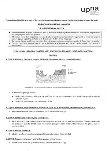 upQ Evaluación del Bachillerato para el Acceso a la UniversidadBatxilergoaren Ebaluazioa Unibertsitatean Sartzeko ASIGNATURAIRAKASGAA GEOLOGIA CURSO 20162017 IKASTURTEA  Indica claramente la opción seleccionada Sólo se puntuarán respuestas pertenecientes a una única opción no pudiéndose mezclar preguntas de las dos opciones  El examen consta de 7 preguntas y cada una de ellas se califica con una puntuación equivalente al porcentaje asignado allos bloques según 80E n 309 de 23 de diciembre de 20…