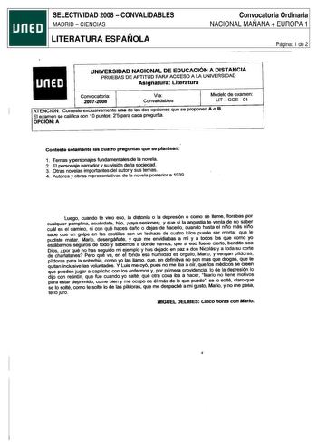 SELECTIVIDAD 2008  CONVALIDABLES MADRID  CIENCIAS LITERATURA ESPAÑOLA Convocatoria Ordinaria NACIONAL MAÑANA  EUROPA 1 Página 1 de 2 UNIVERSIDAD NACIONAL DE EDUCACIÓN A DISTANCIA PRUEBAS DE APTITUD PARA ACCESO A LA UNIVERSIDAD Asignatura Literatura Convocatoria 20072008 Vla Convalidables Modelo de examen LITCGE 01 ATENCI N Conteste exclusivamente una de las dos opciones que se proponen A o B El examen se califica con 1Opuntos 25 para cada pregunta OPCIÓNA Conteste solamente las cuatro preguntas…