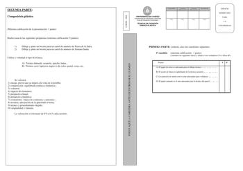  SEGUNDA PARTE Composición plástica Máxima calificación de la presentación 1 punto Realice una de las siguientes propuestas máxima calificación 5 puntos 1 Dibuje y pinte un boceto para un cartel de anuncio de Fiesta de la Sidra 2 Dibuje y pinte un boceto para un cartel de anuncio de Semana Santa Utilice a voluntad el tipo de técnica A Técnica húmeda acuarela guache tintas B Técnica seca lapiceros negros o de color pastel ceras etc Se valorará 1 encaje previo que se dejará a la vista en lo posib…