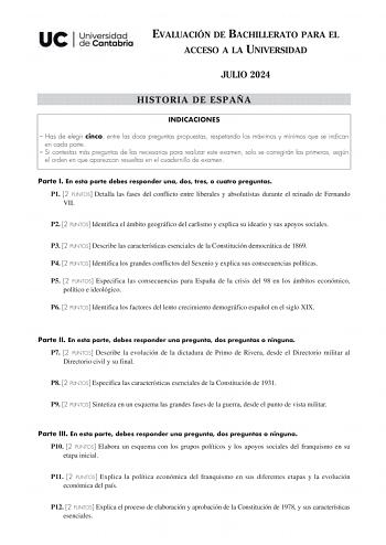 Examen de Historia de España (EBAU de 2024)