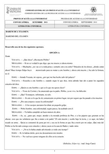 Examen de Literatura Universal (PAU de 2011)