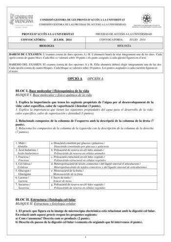 1GENERALITAT  VALENCIANA CONSELLERIA DEDUCACIÓ CULTURA I ESPORT COMISSIÓ GESTORA DE LES PROVES DACCÉS A LA UNIVERSITAT COMISIÓN GESTORA DE LAS PRUEBAS DE ACCESO A LA UNIVERSIDAD  1  1  SISTEJiL UNIVERSITARI VALElCIA SISTEIA t N IVlRS1rHIO VALllC IA10 PROVES DACCÉS A LA UNIVERSITAT CONVOCATRIA JULIOL 2014 BIOLOGIA PRUEBAS DE ACCESO A LA UNIVERSIDAD CONVOCATORIA JULIO 2014 BIOLOGÍA BAREM DE LEXAMEN Lexamen consta de dues opcions A i B Lalumnea haur de triar íntegrament una de les dues Cada opció …