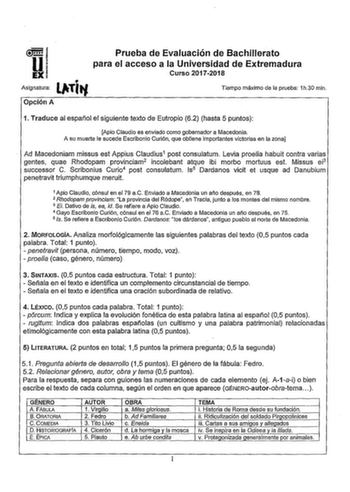 Examen de Latín II (EBAU de 2018)