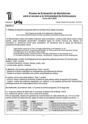 El Prueba de Evaluación de Bachillerato D1 para el acceso a la Universidad de Extremadura Curso 20172018 lTftl9 Asignatura Tiempo máximo de la prueba 1h30 min Opción A 1 Traduce al español el siguiente texto de Eutropio 62 hasta 5 puntos Apio Claudio es enviado como gobernador a Macedonia A su muerte le sucede Escribonio Curión que obtiene importantes victorias en la zona Ad Macedoniam missus es Appius Claudius1 post consulatum Levia proelia habuit contra varias gentes quae Rhodopam provinciam2…