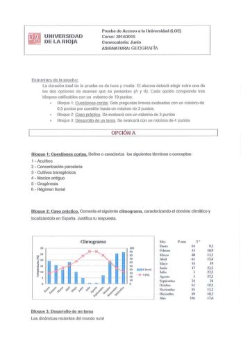 UNIVERSIDAD DE LA RIOJA Prueba de Acceso a la Universidad LOE Curso 201 4201 5 Convocatoria Jun io AS IGNATURA GEOGlAFIA Estructura de la prueba  La duración total de la prueba es de hora y media El alum no deberá eleg ir entre una de las dos opciones de examen que se presentan A y B Cada o pción comprende tres bloques calificables con un máximo de 10 puntos  Bloque 1 Cuestiones cortas Seis preguntas breves evaluadas con un máximo de 05 puntos por cuestión hasta un máximo de 3 puntos o Bloq ue …