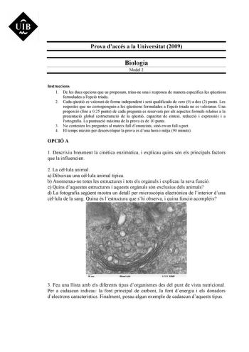 UIB M Prova daccés a la Universitat 2009 Biologia Model 2 Instruccions 1 De les dues opcions que us proposam triaune una i responeu de manera específica les qestions formulades a lopció triada 2 Cada qestió es valorar de forma independent i ser qualificada de zero 0 a dos 2 punts Les respostes que no corresponguin a les qestions formulades a lopció triada no es valoraran Una proporció fins a 025 punts de cada pregunta es reservar per als aspectes formals relatius a la presentació global estruct…