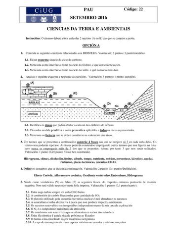 CiUG COMISIÓN INTERUNIVERSITARIA DE GALICIA PAU SETEMBRO 2016 Código 22 CIENCIAS DA TERRA E AMBIENTAIS Instrucións O alumno deberá elixir unha das 2 opcións A ou B das que se compón a proba OPCIÓN A 1 Contesta as seguintes cuestións relacionadas coa BIOSFERA Valoración 3 puntos 1 puntocuestión 11 Fai un esquema sinxelo do ciclo do carbono 12 Menciona como interfire o home no ciclo do fósforo e qué consecuencias ten 13 Menciona como interfire o home no ciclo do xofre e qué consecuencias ten 2 An…