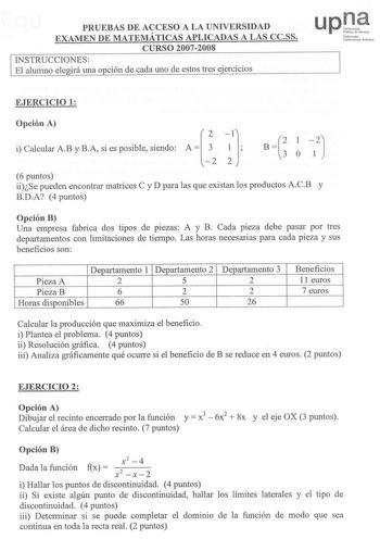 Examen de Matemáticas Aplicadas a las Ciencias Sociales (selectividad de 2008)