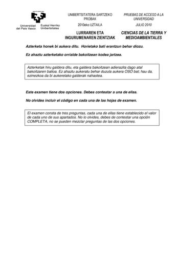 Examen de Ciencias de la Tierra y Medioambientales (PAU de 2010)