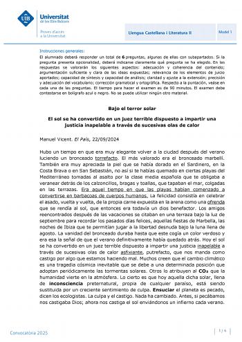 Examen de Lengua Castellana y Literatura (PBAU de 2025)