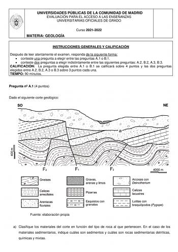 UNIVERSIDADES PÚBLICAS DE LA COMUNIDAD DE MADRID EVALUACIÓN PARA EL ACCESO A LAS ENSEÑANZAS UNIVERSITARIAS OFICIALES DE GRADO MATERIA GEOLOGÍA Curso 20212022 INSTRUCCIONES GENERALES Y CALIFICACIÓN Después de leer atentamente el examen responda de la siguiente forma  conteste una pregunta a elegir entre las preguntas A1 o B1  conteste dos preguntas a elegir indistintamente entre las siguientes preguntas A2 B2 A3 B3 CALIFICACIÓN La pregunta elegida entre A1 o B1 se calificará sobre 4 puntos y las…