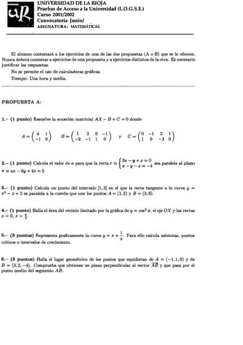 Examen de Matemáticas II (selectividad de 2002)