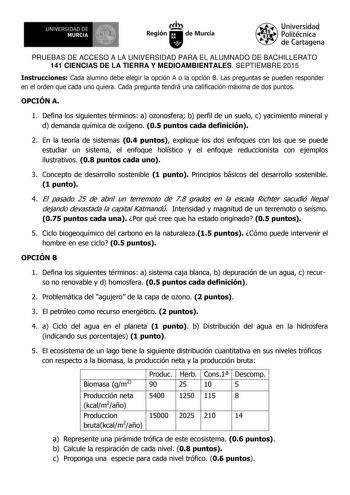 I1Bt1t1 UNIVERSIDAD DE MURCIA Ih Región de Murcia Universidad Politécnica de Cartagena PRUEBAS DE ACCESO A LA UNIVERSIDAD PARA EL ALUMNADO DE BACHILLERATO 141 CIENCIAS DE LA TIERRA Y MEDIOAMBIENTALES SEPTIEMBRE 2015 Instrucciones Cada alumno debe elegir la opción A o la opción B Las preguntas se pueden responder en el orden que cada uno quiera Cada pregunta tendrá una calificación máxima de dos puntos OPCIÓN A 1 Defina los siguientes términos a ozonosfera b perfil de un suelo c yacimiento miner…