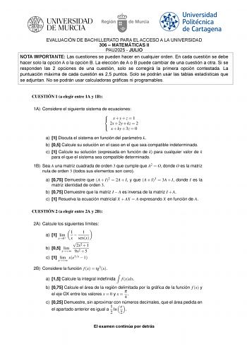 Examen de Matemáticas II (EBAU de 2025)