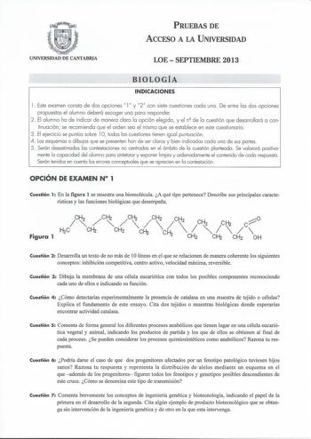 PRUEBAS DE ACCESO A LA UNIVERSIDAD UNIVERSIDAD DE CANTABRIA LOESEPTIEMBRE 2013 BIOLOGÍA INDICACIONES l Este examen consta de dos opciones  1 y 2 con siete cuestiones codo una De entre las dos opciones propuestas el a lumno deberá escoger una para responder 2 El a lumno ha de indicar de manera clara la opción eleg ida y el n de la cuestión que desarrollará a con tinuación se recomienda que el orden sea el mismo que se establece en este cuestionario 3 El ejercicio se puntúa sobre 1O todas las cue…