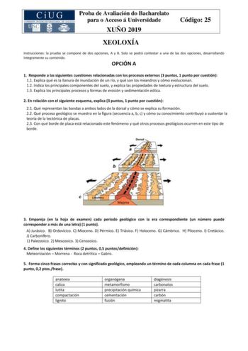 Proba de Avaliación do Bacharelato para o Acceso á Universidade XUÑO 2019 Código 25 XEOLOXÍA Instrucciones la prueba se compone de dos opciones A y B Solo se podrá contestar a una de las dos opciones desarrollando íntegramente su contenido OPCIÓN A 1 Responde a las siguientes cuestiones relacionadas con los procesos externos 3 puntos 1 punto por cuestión 11 Explica qué es la llanura de inundación de un río y qué son los meandros y cómo evolucionan 12 Indica los principales componentes del suelo…