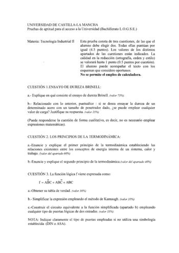 UNIVERSIDAD DE CASTILLALA MANCHA Pruebas de aptitud para el acceso a la Universidad Bachillerato LOGSE Materia Tecnología Industrial II Esta prueba consta de tres cuestiones de las que el alumno debe elegir dos Todas ellas puntúan por igual 45 puntos Los valores de los distintos apartados de las cuestiones están indicados La calidad en la redacción ortografía orden y estilo se valorará hasta 1 punto 05 puntos por cuestión El alumno puede acompañar el texto con los esquemas que considere oportun…