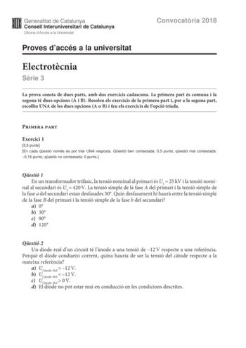 Examen de Electrotecnia (PAU de 2018)