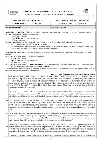 Examen de Italiano (PAU de 2021)