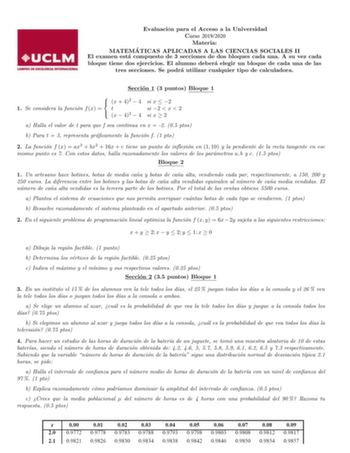 Evaluación para el Acceso a la Universidad Curso 20192020 Materia MATEMA TICAS APLICADAS A LAS CIENCIAS SOCIALES II El examen esta compuesto de 3 secciones de dos bloques cada una A su vez cada bloque tiene dos ejercicios El alumno debera elegir un bloque de cada una de las tres secciones Se podra utilizar cualquier tipo de calculadora Seccion 1 3 puntos Bloque 1  x  42  4 si x  2  1 Se considera la funcion f x  t si 2  x  2  x  42  4 si x  2 a Halla el valor de t para que f sea continua en x  …