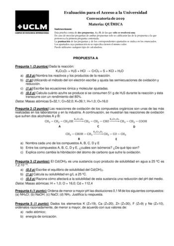Examen de Química (EvAU de 2019)
