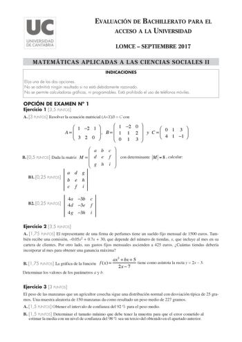 Examen de Matemáticas Aplicadas a las Ciencias Sociales (EBAU de 2017)