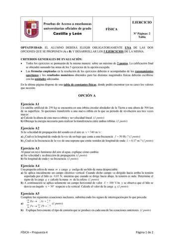 Pruebas de Acceso a enseñanzas universitarias oficiales de grado Castilla y León FÍSICA EJERCICIO N Páginas 2 Tabla OPTATIVIDAD EL ALUMNO DEBERÁ ELEGIR OBLIGATORIAMENTE UNA DE LAS DOS OPCIONES QUE SE PROPONEN A o B Y DESARROLLAR LOS 5 EJERCICIOS DE LA MISMA CRITERIOS GENERALES DE EVALUACIÓN  Todos los ejercicios se puntuarán de la misma manera sobre un máximo de 2 puntos La calificación final se obtendrá sumando las notas de los 5 ejercicios de la opción escogida  Las fórmulas empleadas en la r…