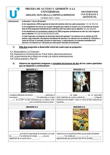 Examen de Movimientos Culturales y Artísticos (PEvAU de 2024)