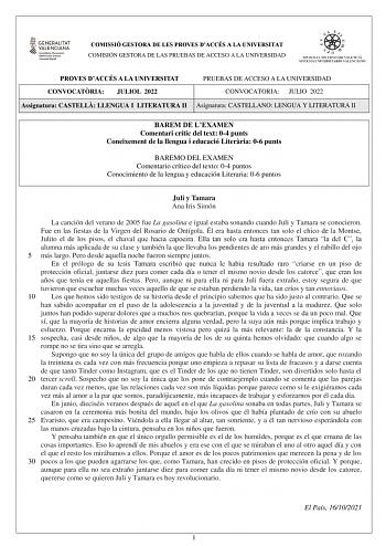 COMISSIÓ GESTORA DE LES PROVES DACCÉS A LA UNIVERSITAT COMISIÓN GESTORA DE LAS PRUEBAS DE ACCESO A LA UNIVERSIDAD PROVES DACCÉS A LA UNIVERSITAT PRUEBAS DE ACCESO A LA UNIVERSIDAD CONVOCATRIA JULIOL 2022 CONVOCATORIA JULIO 2022 Assignatura CASTELL LLENGUA I LITERATURA II Asignatura CASTELLANO LENGUA Y LITERATURA II BAREM DE LEXAMEN Comentari crític del text 04 punts Coneixement de la llengua i educació Literria 06 punts BAREMO DEL EXAMEN Comentario crítico del texto 04 puntos Conocimiento de la…