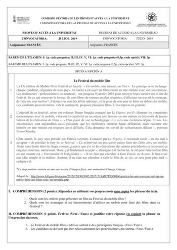 Examen de Francés (PAU de 2019)