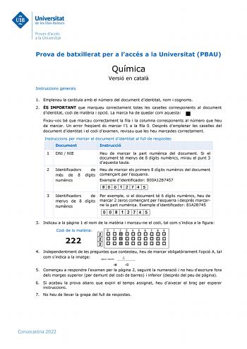 Examen de Química (PBAU de 2022)