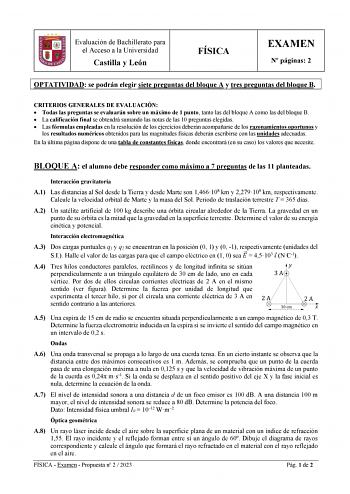 Evaluación de Bachillerato para el Acceso a la Universidad Castilla y León FÍSICA EXAMEN N páginas 2 OPTATIVIDAD se podrán elegir siete preguntas del bloque A y tres preguntas del bloque B CRITERIOS GENERALES DE EVALUACIÓN  Todas las preguntas se evaluarán sobre un máximo de 1 punto tanto las del bloque A como las del bloque B  La calificación final se obtendrá sumando las notas de las 10 preguntas elegidas  Las fórmulas empleadas en la resolución de los ejercicios deberán acompañarse de los ra…