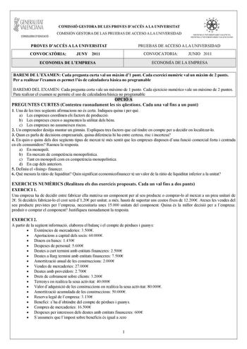 Examen de Economía de la Empresa (PAU de 2011)