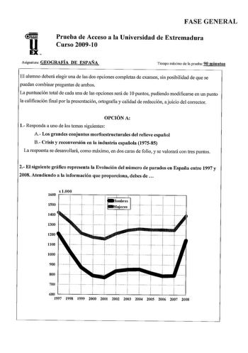 FASE GENERAL u EX Prueba de Acceso a la Universidad de Extremadura Curso 200910 Asignatura GEOGRAFÍA DE ESPAÑA Tiempo máximo de la prueba 90 minutos El alumno deberá elegir una de las dos opciones completas de examen sin posibilidad de que se puedan combinar preguntas de ambos La puntuación total de cada una de las opciones será de 1Opuntos pudiendo modificarse en un punto la calificación final por la presentación ortografia y calidad de redacción ajuicio del corrector OPCIÓN A l Responda a uno…