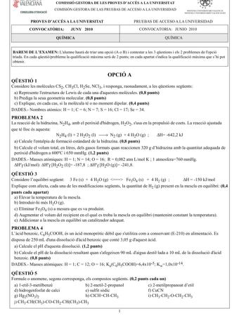 Examen de Química (PAU de 2010)