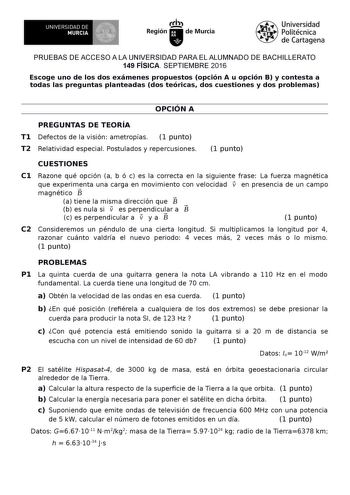 Examen de Física (PAU de 2016)