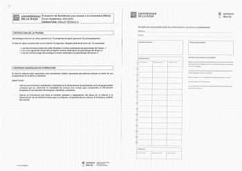 i f i l NIVERSIDAD Evaluación de Bachillerato para Acceso a la Universidad EBAU U DELARIOJA Curso Académico 20222023 ASIGNATURA DIBUJO TÉCNICO 11 1 ESTRUCTURA DE LA PRUEBA Se entrega al alumno un único examen con 1Opreguntas de igual valoración 2 puntospregunta El alumno debe cumplimentar como máximo 5 preguntas elegidas libremente entre las 1Opropuestas  o Las tres primeras preguntas están dirigidas a evaluar estándares de aprendizaje del bloque 1 d Las cinco siguientes preguntas persiguen eva…