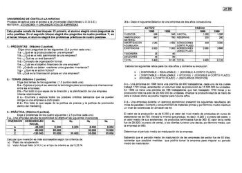 UNIVERSIDAD DE CASTILLALA MANCHA Pruebas de aptitud para el acceso a la Universidad Bachillerato LOGSE MATERIA ECONOMA Y ORGANIZACIÓN DE EMPRESAS Esta prueba consta de tres bloques El primero el alumno elegirá cinco preguntas de ocho posibles En el segundo bloque elegirá dos preguntas de cuatro posibles Y en el tercer bloque el alumno elegirá dos problemas prácticos de cuatro posibles 1 PREGUNTAS Máximo 2 puntos Elige cinco preguntas de las siguientes 04 puntos cada una 1 a Qué es la productivi…