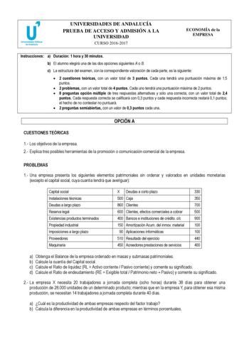 UNIVERSIDADES DE ANDALUCÍA PRUEBA DE ACCESO Y ADMISIÓN A LA UNIVERSIDAD CURSO 20162017 ECONOMÍA de la EMPRESA Instrucciones a Duración 1 hora y 30 minutos b El alumno elegirá una de las dos opciones siguientes A o B c La estructura del examen con la correspondiente valoración de cada parte es la siguiente  2 cuestiones teóricas con un valor total de 3 puntos Cada una tendrá una puntuación máxima de 15 puntos  2 problemas con un valor total de 4 puntos Cada uno tendrá una puntuación máxima de 2 …