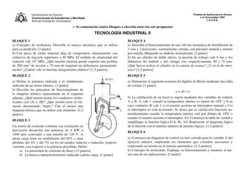 UNIVERSIDAD DE OVIEDO Vicerrectorado de Estudiantes y Movilidad Área de Orientación Universitaria  Se contestarán cuatro bloques a elección entre los seis propuestos TECNOLOGÍA INDUSTRIAL II Pruebas de Aptitud para el Acceso a la Universidad 2002 LOGSE BLOQUE 1 a Concepto de resiliencia Describa el ensayo mecánico que se utiliza para su medición 1 punto b Una pieza de cierto material deja de comportarse elásticamente con esfuerzos de tracción superiores a 40 MPa El módulo de elasticidad del mat…