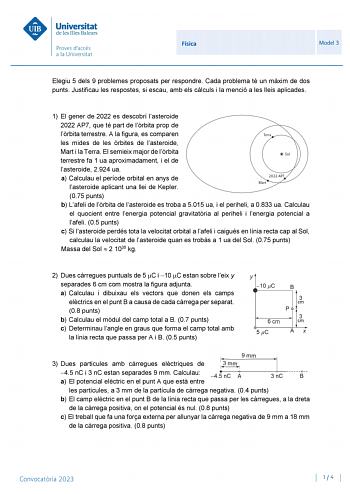 Física Model 3 Elegiu 5 dels 9 problemes proposats per respondre Cada problema té un mxim de dos punts Justificau les respostes si escau amb els clculs i la menció a les lleis aplicades 1 El gener de 2022 es descobrí lasteroide 2022 AP7 que té part de lrbita prop de lrbita terrestre A la figura es comparen les mides de les rbites de lasteroide Mart i la Terra El semieix major de lrbita terrestre fa 1 ua aproximadament i el de lasteroide 2924 ua a Calculau el període orbital en anys de lasteroid…