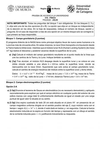 Física – EBAU Región de Murcia (2026)