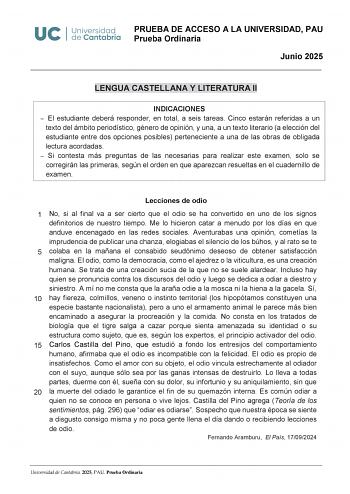 Examen de Lengua Castellana y Literatura (EBAU de 2025)