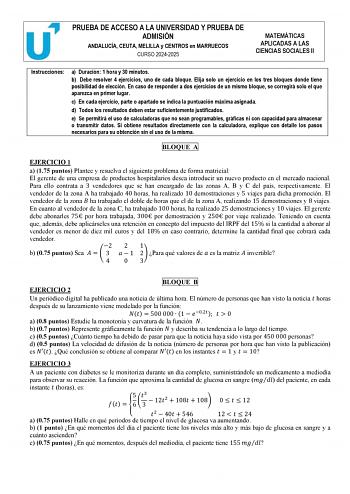 Examen de Matemáticas Aplicadas a las Ciencias Sociales (PEvAU de 2025)