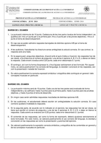 1GENERALITAT  VALENCIAN CONSELLERIA DEDUCACIO CULTURA I ESPORT COMISSIÓ GESTORA DE LES PROVES DACCÉS A LA UNIVERSITAT COMISIÓN GESTORA DE LAS PRUEBAS DE ACCESO A LA UNIVERSIDAD tiie     1fl  SISTEIVL UNIVERSITARI VALEKCIA SISTEIA L N IVJRSIT4RIO VALECIA0 PROVES DACCÉS A LA UNIVERSITAT CONVOCATRIA JUNY 2014 LLENGUATGE I PRCTICA MUSICAL PRUEBAS DE ACCESO A LA UNIVERSIDAD CONVOCATORIA JUNIO 2014 LENGUAJE Y PRÁCTICA MUSICAL BAREM DE LEXAMEN 1 La puntuació mxima és de 10 punts Cadascuna de les tres …