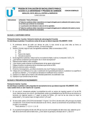 Examen de Ciencias Generales (PEvAU de 2024)