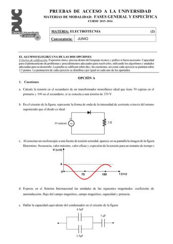 Examen de Electrotecnia (PAU de 2016)