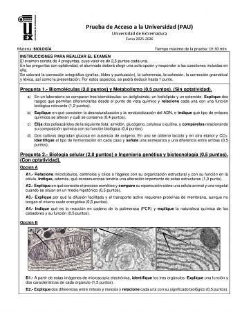Biología – EBAU Extremadura (2026)
